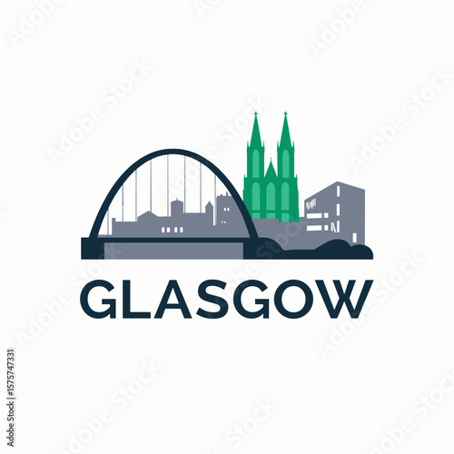 Vector of Glasgow with arched bridge, cathedral towers and urban buildings, mixing tradition and modernity