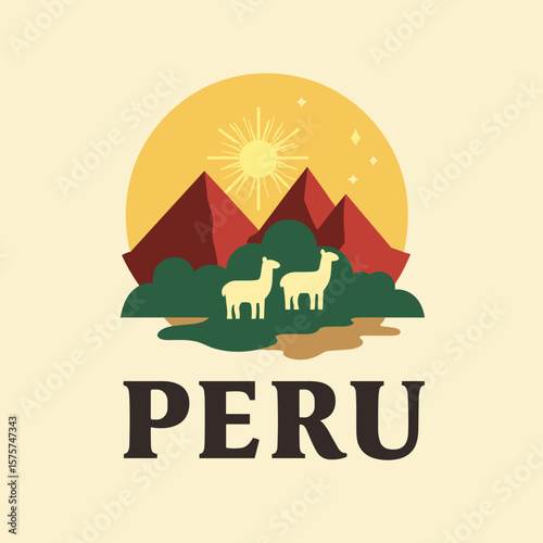 Flat vector of Peru with red mountain peaks, sun and llamas surrounded by green vegetation, in a mystical style