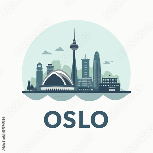 Modern vector of Oslo with iconic skyline, sea, opera house, high-rise buildings and telecom tower in cool tones