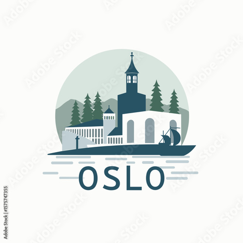 Vector of Oslo with church tower, pine trees, mountains and viking ship on the fjord, in a clean nordic style