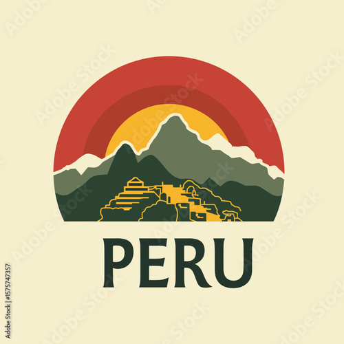 Flat vector of Peru with Machu Picchu ruins, green mountains and vibrant red sunset, capturing Andean mystique
