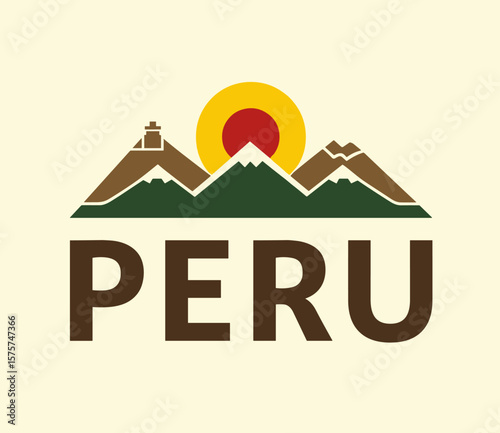 Vector of Peru with mountain peaks, temple, sun and flat geometric style in brown and gold tones