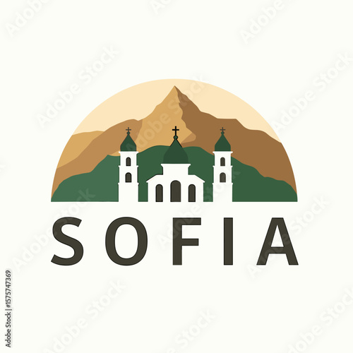 Flat vector of Sofia with mountain backdrop and orthodox church with twin towers, in neutral earth tones