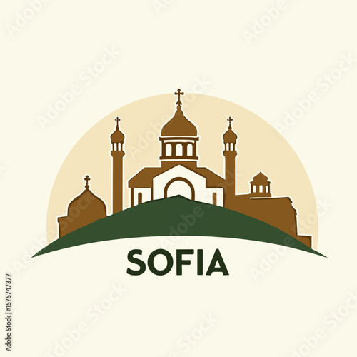 Vector of Sofia city with stylized orthodox church silhouette and minarets over a green hill, in minimal earthy tones