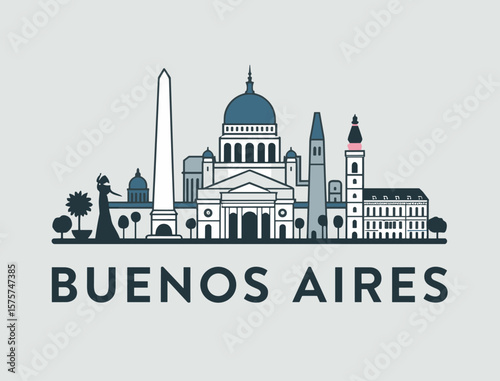 Monochrome vector of Buenos Aires with domes, Obelisco and skyline, combining traditional and modern architecture in line art style