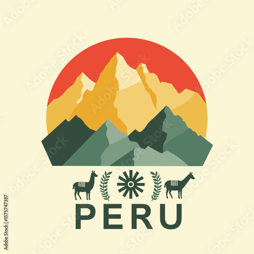 Minimal vector of Peru with mountain range, sun and llamas, evoking traditional Andean nature and symbolism