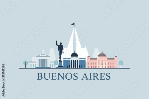 Minimal vector of Buenos Aires with Obelisco, domes, government buildings and iconic statue with flag, symbolizing national pride
