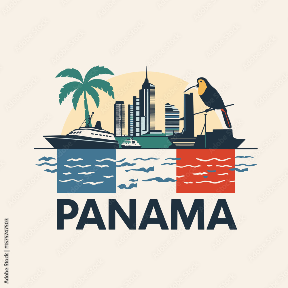 custom made wallpaper toronto digitalFlat vector design of Panama city skyline, ships, palm trees and national flag colors, with a toucan perched beside