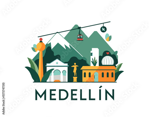 Colorful vector of Medellín featuring mountains, cable car, modern and colonial architecture, ideal for tourism and travel themes