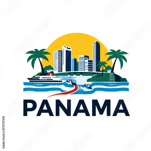 Dynamic Panama cityscape with cruise, palm trees, and people wakeboarding in tropical water. Bright and lively vector