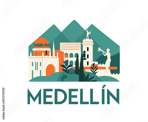 Flat Medellín vector with monuments, mountains, trees, and statues. Clean layout and bold Colombian color palette