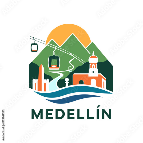 Colorful Medellín skyline vector with cable cars, mountains, river and local landmarks. Colombian flat travel design