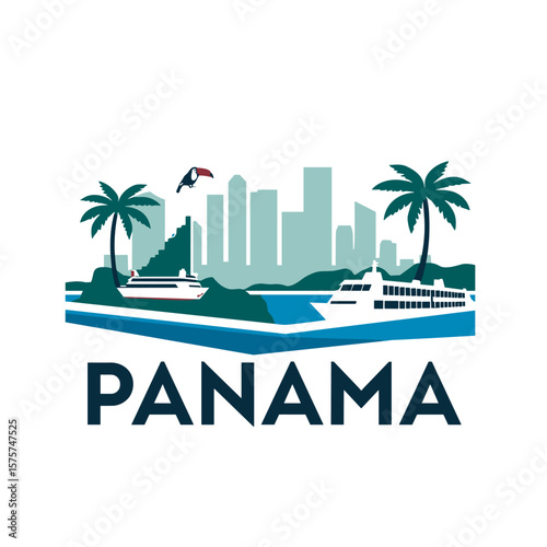 Vector illustration of Panama with modern skyline, palm trees, cruise ships and toucan in a tropical scene, ideal for travel and tourism design