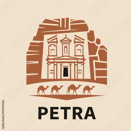 Vector illustration of Petra in Jordan with camels walking in front of the iconic Treasury facade carved into the rock, stylized in earthy tones