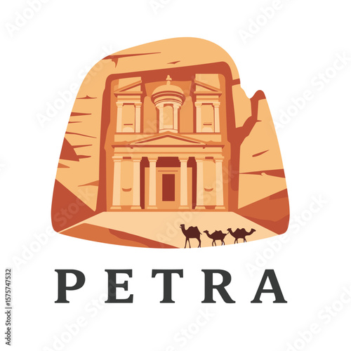 Petra vector with ancient carved architecture and camel silhouettes. Warm tones and minimal composition