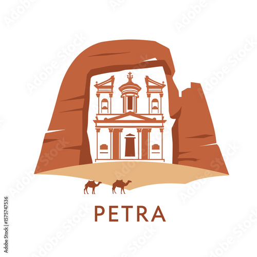 Minimalist vector of Petra with desert rock and white carved temple. Includes camel figures in flat design