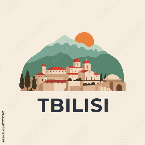 Flat vector of Tbilisi with mountain backdrop, sun, and traditional architecture. Peaceful and scenic design