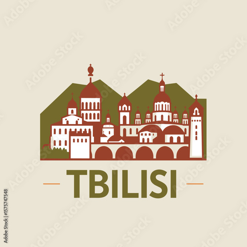 Traditional Tbilisi skyline vector with religious buildings and mountain landscape. Warm color palette