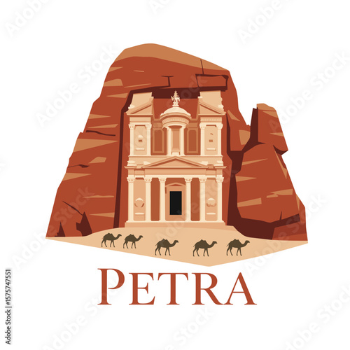 Petra vector with camel caravan and iconic carved rock temple. Warm desert tones and clean composition