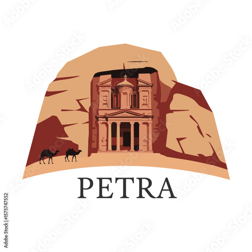 Flat vector of Petra with carved ancient temple and camels in desert setting. Jordan’s iconic historic site