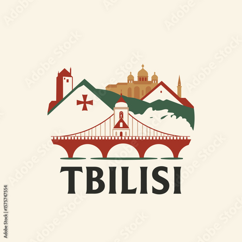 Flat vector of Tbilisi with river bridge, Georgian flag, churches and mountains. Bright and symbolic cityscape