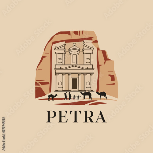 Flat Petra illustration with ancient carved temple, camels and tourists in desert setting. Iconic landmark of Jordan