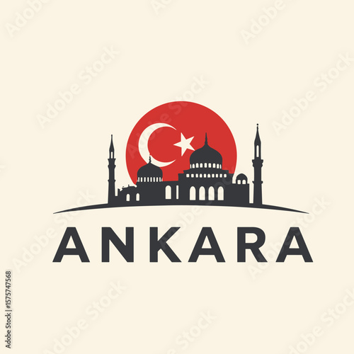 Ankara skyline silhouette with mosque and red sun with Turkish crescent moon. Bold and symbolic flat design