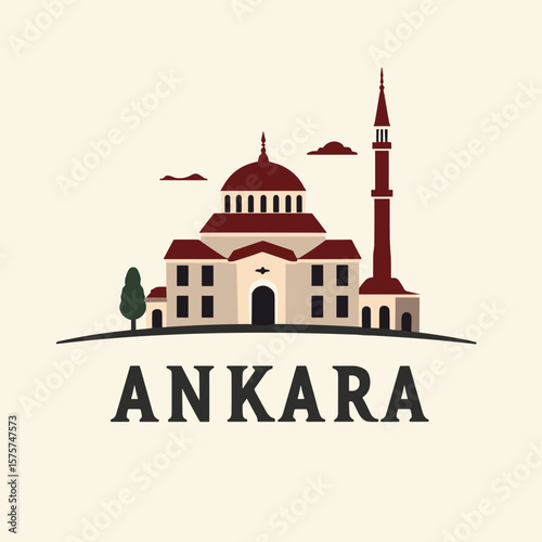 Flat Ankara skyline vector with classic mosque, tree and clouds. Minimal Turkish capital design in warm tones.