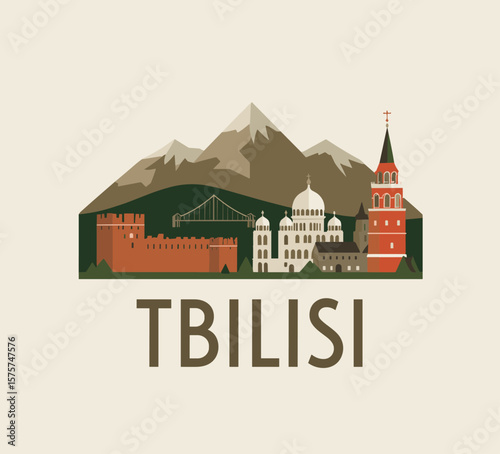 Flat vector of Tbilisi skyline with mountains, church towers, and historic Georgian architecture. Traditional and scenic