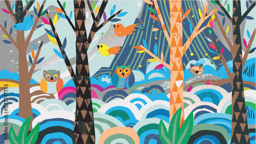 Illustration of a forest scene with owls birds and a bear cub among stylized trees and hills landscape