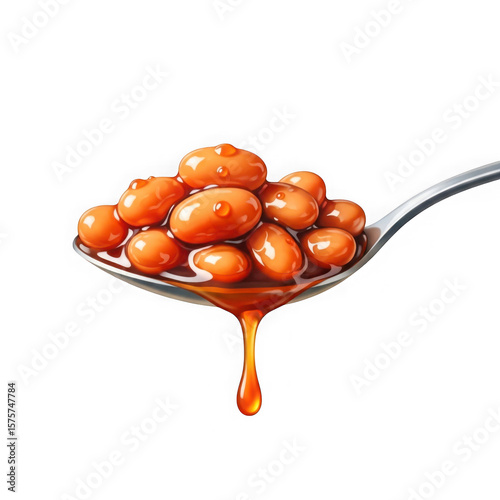 Close up of a metal spoon filled with baked beans in tomato sauce with a drip isolated on transparent background