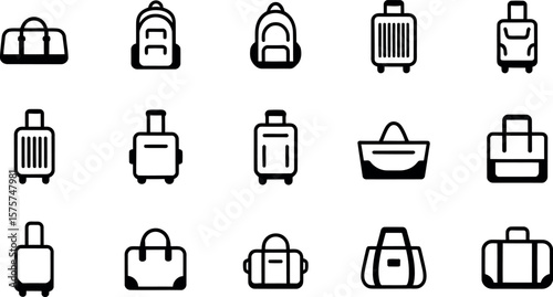 Bold Black Line Icons: Travel Bags, Suitcases, Backpacks, and More