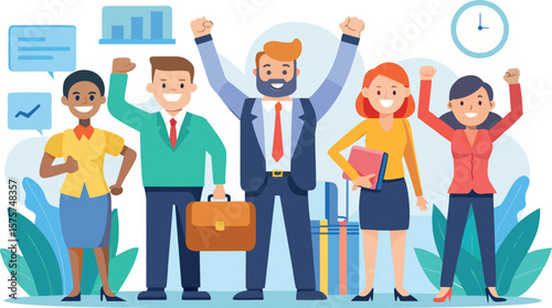 Diverse group of happy business professionals celebrating success with raised arms