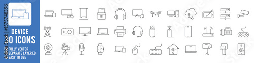 Collection of thirty modern outline icons representing various digital devices and technology for web and app design | Ai Generated Icons