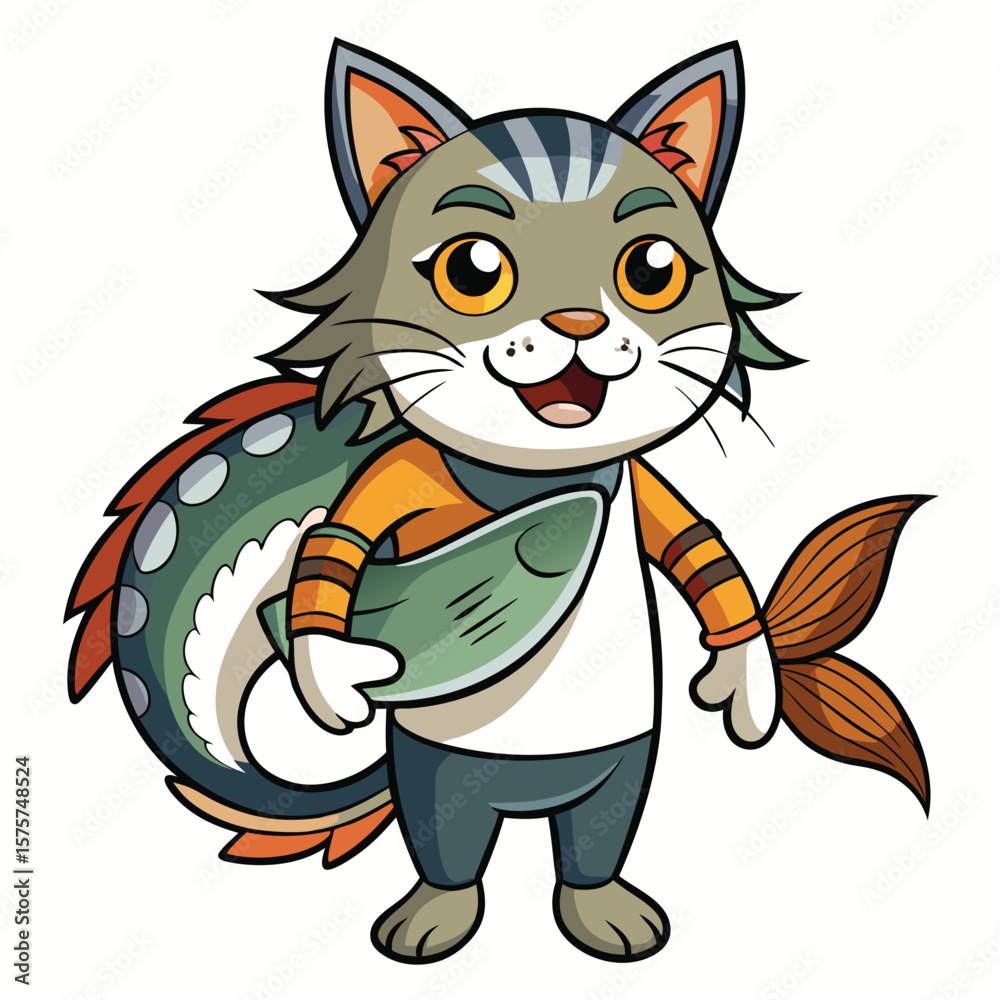 Fototapeta premium Cartoon cat with fish tail and fish