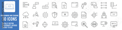 Collection of 30 outline icons representing programming and coding concepts including software development data and technology with a blue background | Ai Generated Icons