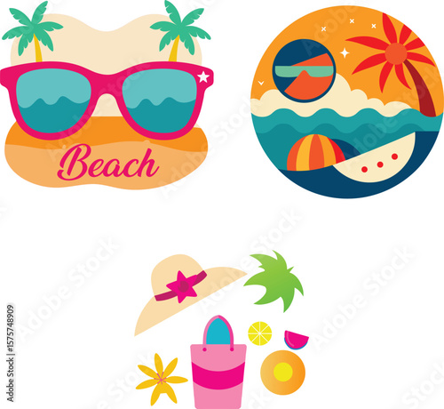 T-shirt Design Vibrant Summer Beach Vacation Illustrations Sunglasses, Hats, Palm Trees, and Ocean Scenes