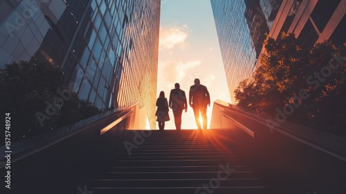 Silhouettes of three people ascend modern city stairs at sunset