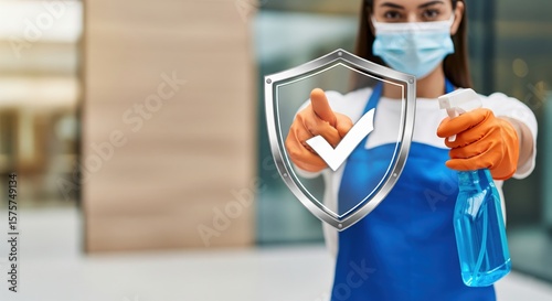 Cleanliness and Protection: A diligent cleaning professional, wearing a protective mask and gloves, points towards a virtual shield symbolizing safety and hygiene.