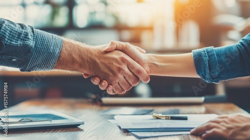 Close-up of two people shaking hands over documents