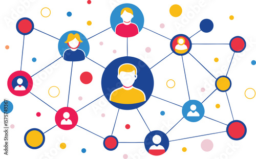 Abstract network of people icons connected by lines and circles