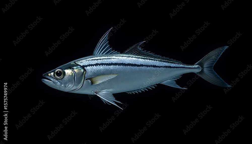 Obraz premium Isolated Mackerel Scad Fish Swimming in Dark Water with Silver Scales