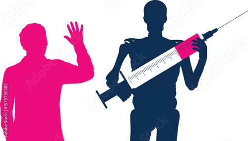 Vaccination concept illustration showing skeleton with syringe and person waving for healthcare design