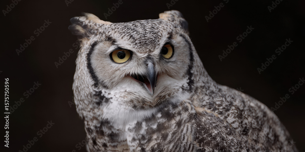 Fototapeta premium Owl with wide eyes and open beak in surprised expression