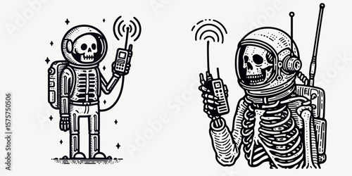 A Skeleton as Astronaut communicating via radio serious. Career Job Profession Occupation Employment Work Clipart Line Art Vector Illustration. Bony cosmonaut using device to convey solemn.
