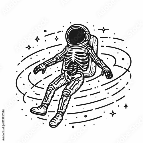 A Skeleton as Astronaut floating in zerog calm. Career Job Profession Occupation Employment Work Clipart Line Art Vector Illustration. Boney cosmonaut open space absence of gravity serene.