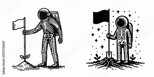 A Skeleton as Astronaut planting flag proud. Career Job Profession Occupation Employment Work Clipart Line Art Vector Illustration. Bony cosmonaut placing banner joyful in space exploration.
