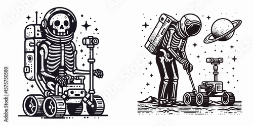 A Skeleton as Astronaut using rover exploratory. Career Job Profession Occupation Employment Work Clipart Line Art Vector Illustration. Bony spaceman piloting mobile probe for cosmic.