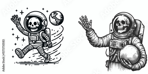 A Skeleton as Astronaut waving to Earth nostalgic. Career Job Profession Occupation Employment Work Clipart Line Art Vector Illustration. Bony spaceman motioning toward globe longing vista.