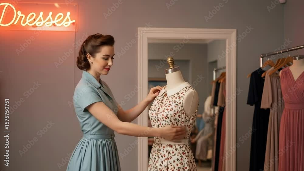 Fashion designer adjusts floral dress on mannequin in boutique with neon 'dresses' sign for fashion retail and boutique promotion